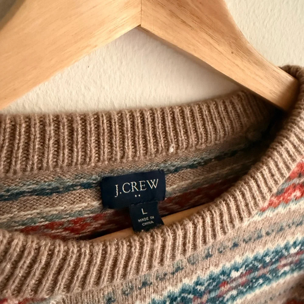 J. Crew Beige Fair Isle Crewneck Sweater with Red & Blue Stripes - Picture 2 of 2
